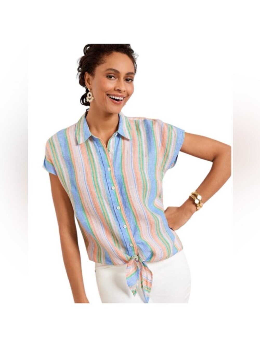 Talbots 100% Linen Striped Short Sleeve Button Front Top Beach Coastal Size XLP